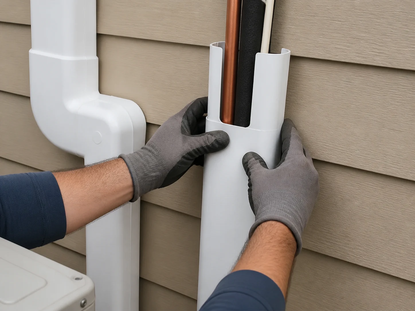 Technicien installant une gaine de protection sur des lignes frigorifiques