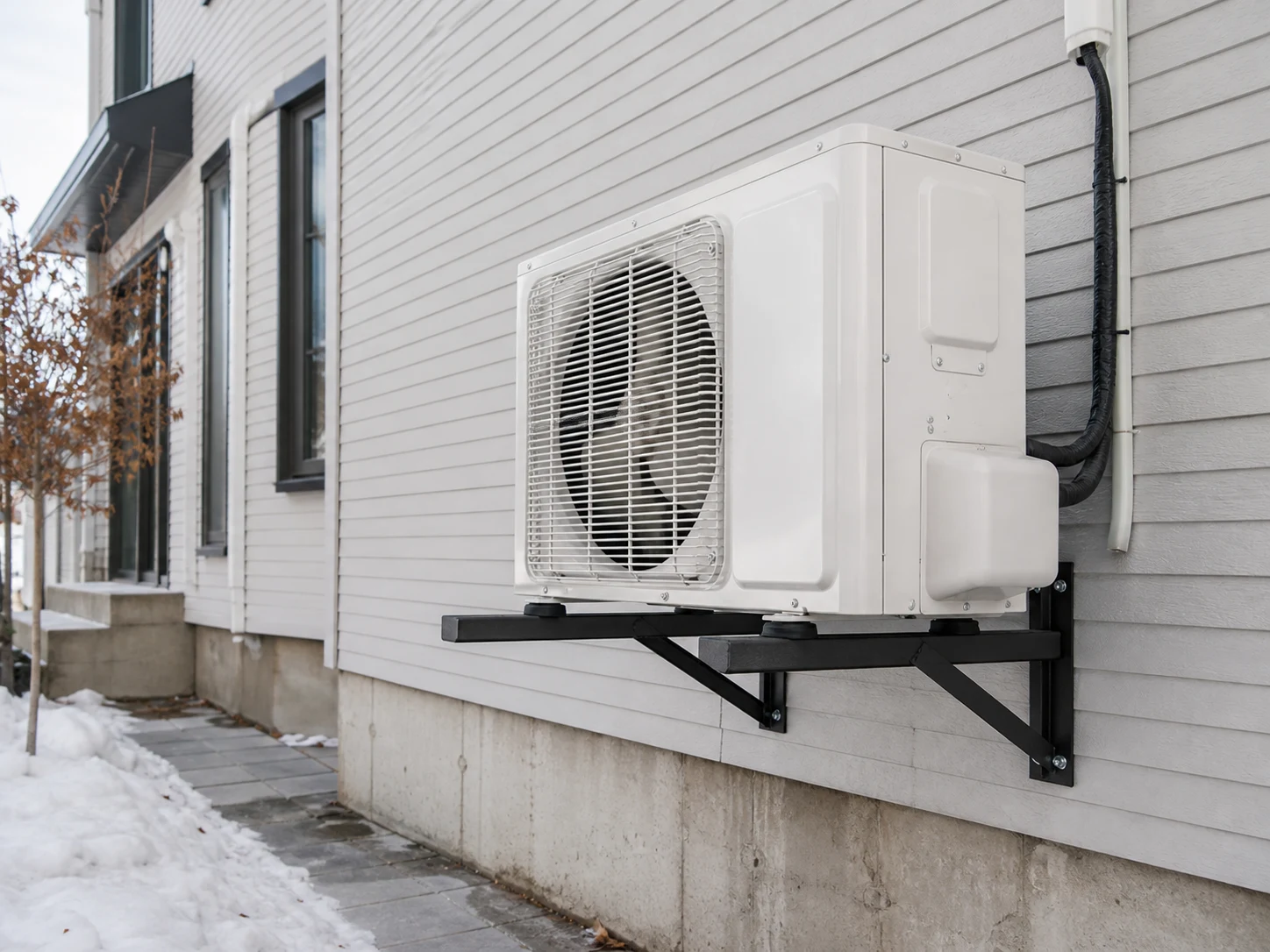 Thermopompe murale générique installée sur un support extérieur